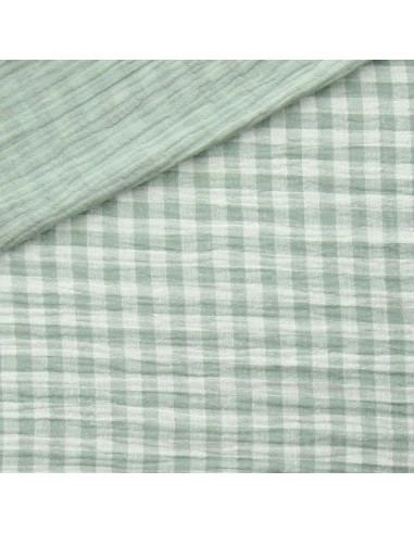 Tessuto doppia garza goffrata vichy - Verde grigio e bianco sporco