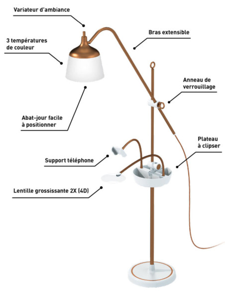 Lampada da terra con lente d'ingrandimento, vassoio e pinza per telefono Daylight Anita