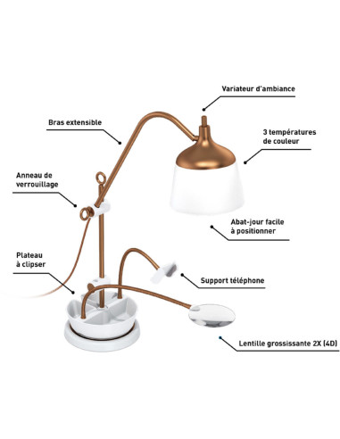 Lampada da tavolo con lente d'ingrandimento, vassoio e pinza per telefono Daylight Anita