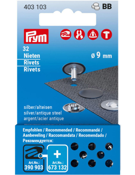 Ricarica di 32 rivetti 9 mm - Argento e acciaio antico