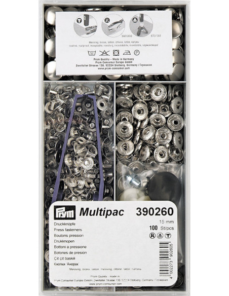 Multipack di 100 bottoni a pressione Anorak - Argento 15 mm