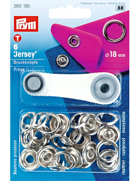 Scatola di 6 bottoni a pressione jersey Argento con attrezzo 18 mm