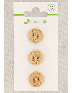 Carta di 3 bottoni in legno naturale 14 mm 2 fori - Topo