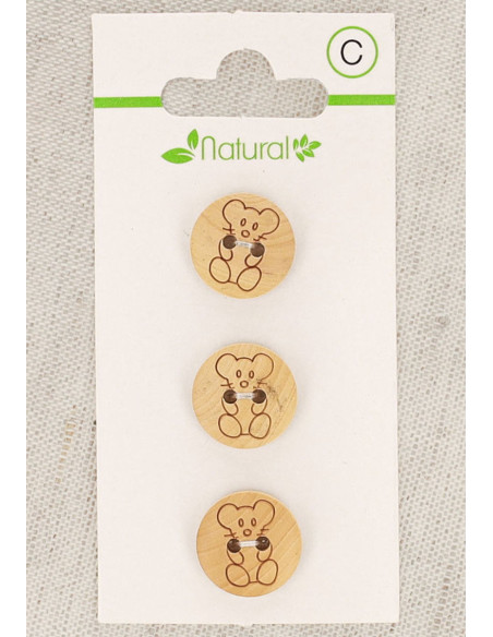 Carta di 3 bottoni in legno naturale 14 mm 2 fori - Topo