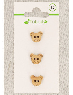 Carta di 3 bottoni in legno naturale 11 mm 2 fori - Testa d'orso