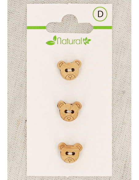 Carta di 3 bottoni in legno naturale 11 mm 2 fori - Testa d'orso