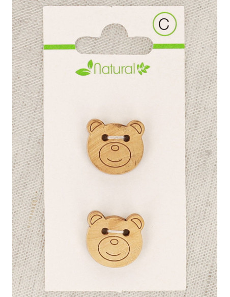 Carta di 2 bottoni in legno naturale 18 mm 2 fori - Testa d'orso
