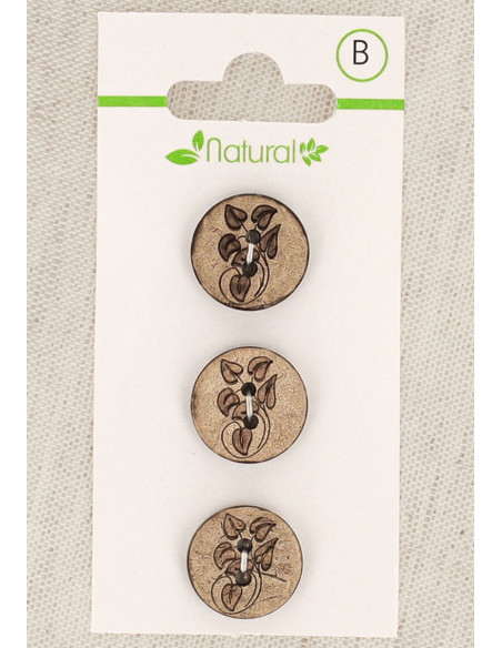 Carta di 3 bottoni in legno naturale 15 mm 2 fori - Foglie