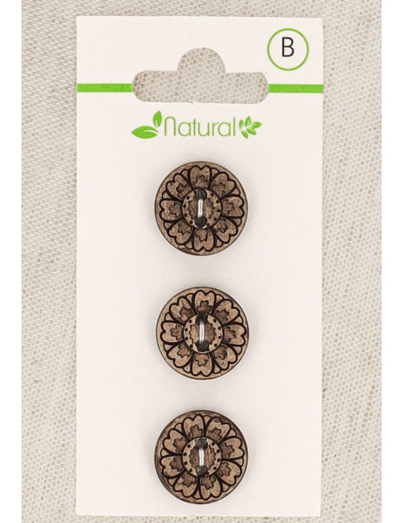 Carta di 3 bottoni in legno naturale 15 mm 2 fori - Arabeschi