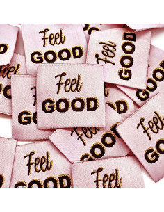 Set di 5 etichette tessute da cucire Feel Good lurex rosa