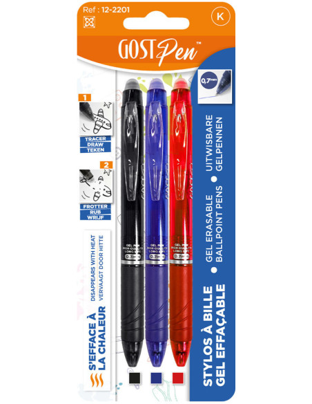 Set di 3 penne a sfera cancellabili a caldo - Nero, rosso e blu navy