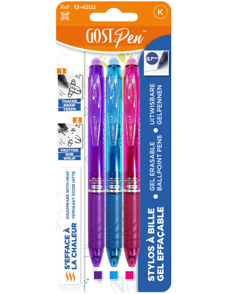 Set di 3 penne a sfera cancellabili a caldo - Viola, turchese, fucsia