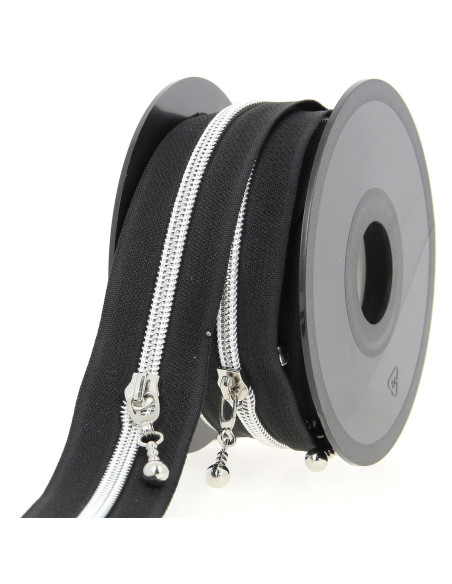 Rotolo di 5 metri di chiusura in nylon 5 mm con cursori rotondi - Nero e argento