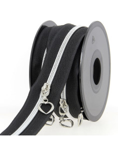 Rotolo di 5 metri di chiusura in nylon 5 mm con cursori a forma di cuore - Nero e argento