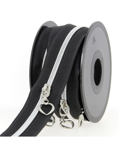 Rotolo di 5 metri di chiusura in nylon 5 mm con cursori a forma di cuore - Nero e argento