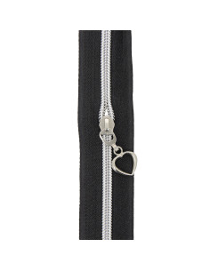Rotolo di 5 metri di chiusura in nylon 5 mm con cursori a forma di cuore - Nero e argento 2
