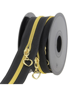 Rotolo di 5 metri di chiusura in nylon 5 mm con cursori a forma di cuore - Nero e oro