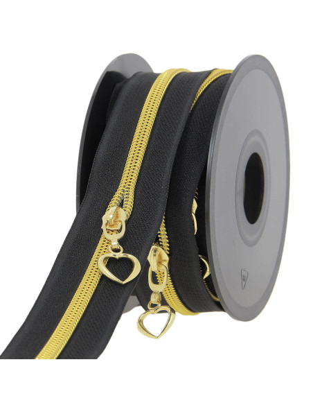Rotolo di 5 metri di chiusura in nylon 5 mm con cursori a forma di cuore - Nero e oro