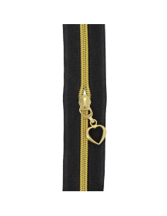 Rotolo di 5 metri di chiusura in nylon 5 mm con cursori a forma di cuore - Nero e oro 2