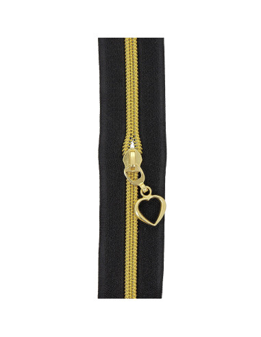 Rotolo di 5 metri di chiusura in nylon 5 mm con cursori a forma di cuore - Nero e oro