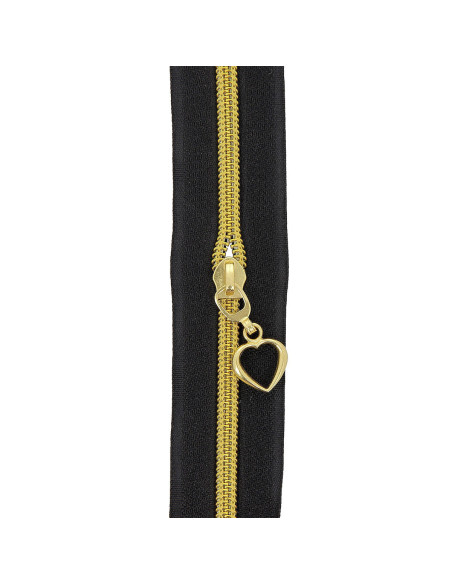Rotolo di 5 metri di chiusura in nylon 5 mm con cursori a forma di cuore - Nero e oro