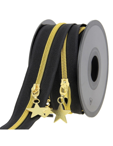 Rotolo di 5 metri di chiusura in nylon 5 mm con cursori a stelle - Nero e oro