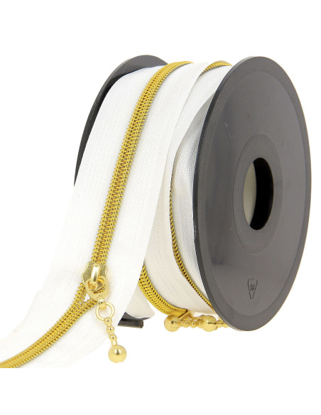 Rotolo di 5 metri di chiusura in nylon 5 mm con cursori rotondi - Bianco e oro