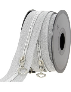 Rotolo di 5 metri di chiusura in nylon 5 mm con cursori a forma di cuore - Argento lurex