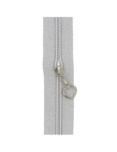 Rotolo di 5 metri di chiusura in nylon 5 mm con cursori a forma di cuore - Argento lurex