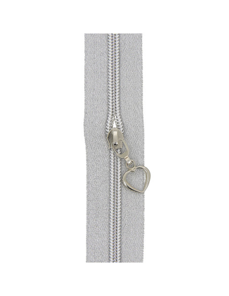 Rotolo di 5 metri di chiusura in nylon 5 mm con cursori a forma di cuore - Argento lurex