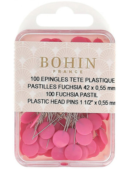 Scatola di 100 spilli con testa in plastica pastiglie fucsia Bohin