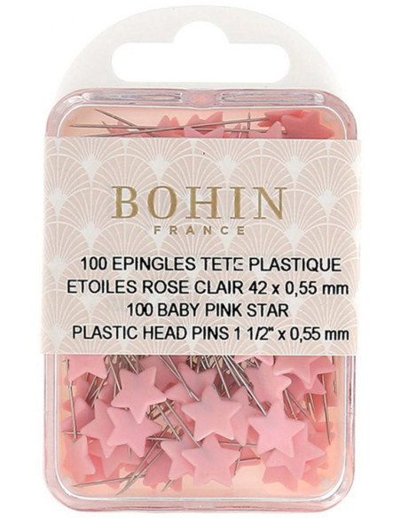 Scatola di 100 spilli con testa in plastica a forma di stella rosa chiaro Bohin
