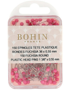 Scatola di 150 spilli con testa in plastica rotonda fucsia Bohin