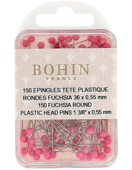 Scatola di 150 spilli con testa in plastica rotonda fucsia Bohin