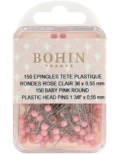 Scatola di 150 spilli con testa in plastica rotonda rosa chiaro Bohin