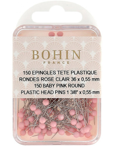 Scatola di 150 spilli con testa in plastica rotonda rosa chiaro Bohin