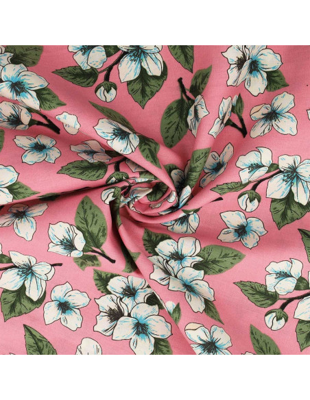 Tessuto popeline di cotone floreale - Pioggia di fiori rosa