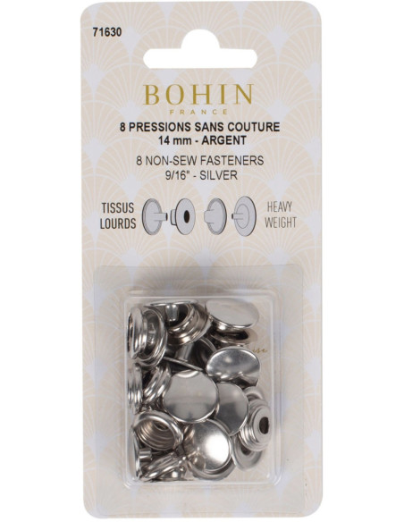 Scatola di 8 bottoni a pressione senza cuciture per tessuti pesanti 14 mm Bohin - Argento