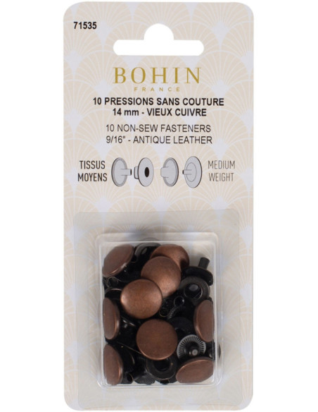 Scatola di 10 bottoni automatici senza cuciture per tessuti medi 14 mm Bohin - Rame