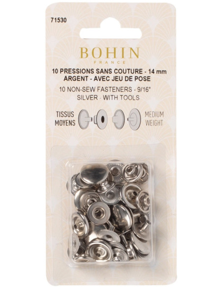 Scatola di 10 bottoni a pressione senza cuciture per tessuti medi 14 mm Bohin - Argento