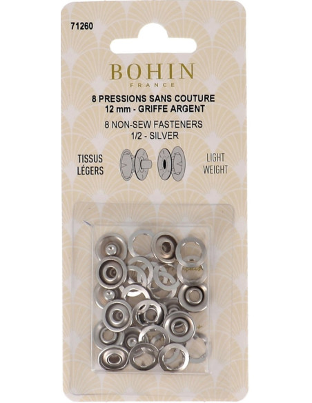 Scatola di 8 bottoni automatici senza cuciture jersey con artigli a calotta 12 mm Bohin - Argento