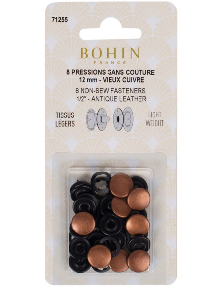 Scatola di 8 bottoni automatici senza cuciture jersey 12 mm Bohin - Rame