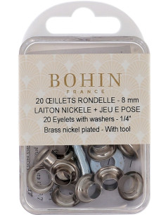 Scatola 20 occhielli 8 mm con rondelle e set di posa Bohin - Argento