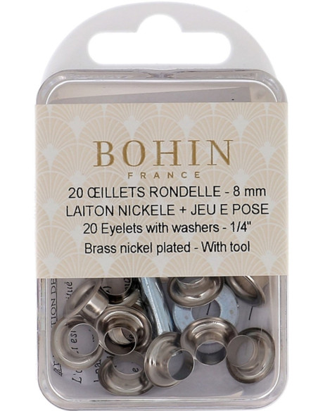 Scatola 20 occhielli 8 mm con rondelle e set di posa Bohin - Argento
