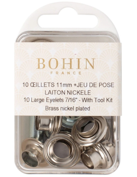 Scatola 10 occhielli 11 mm con rondelle e set di posa Bohin - Argento