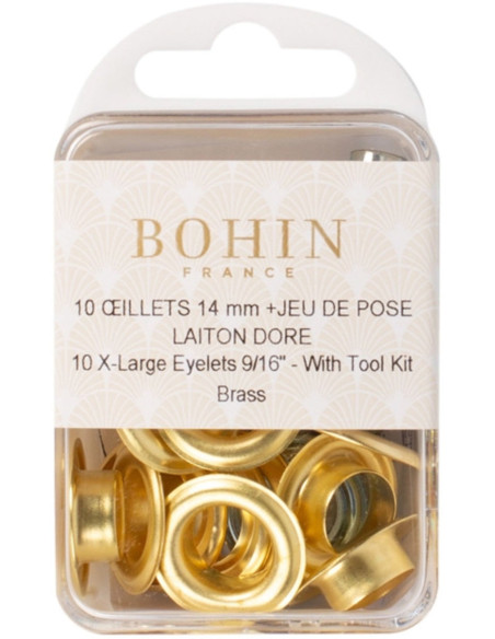 Scatola 10 occhielli 14 mm con rondelle e set di applicazione Bohin - Dorato