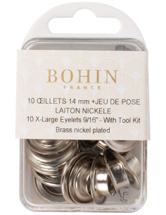Scatola 10 occhielli 14 mm con rondelle e set di posa Bohin - Argento