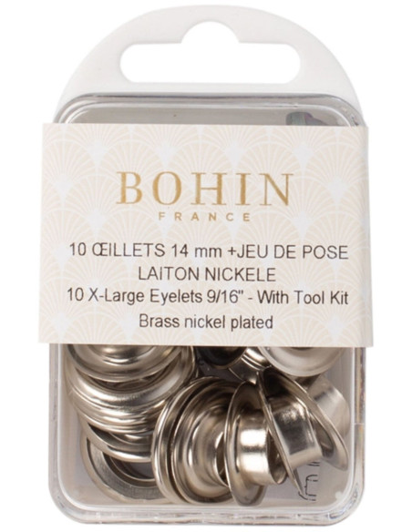 Scatola 10 occhielli 14 mm con rondelle e set di posa Bohin - Argento