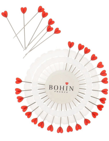 Disco di 30 spilli con testa in plastica a forma di cuore rosso Bohin