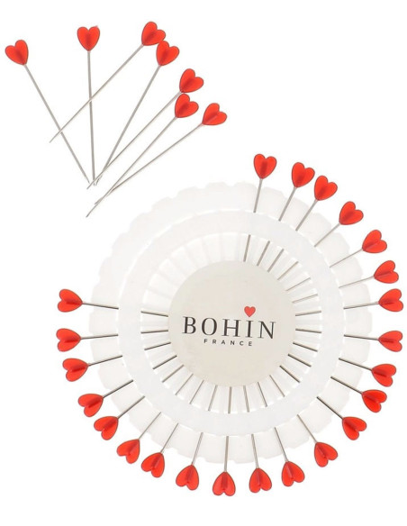 Disco di 30 spilli con testa in plastica a forma di cuore rosso Bohin
